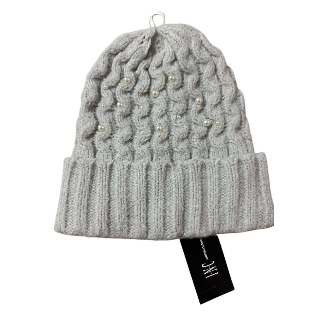 INC International Concepts Grey‎ Knit Beanie Faux Pearl Embelishments